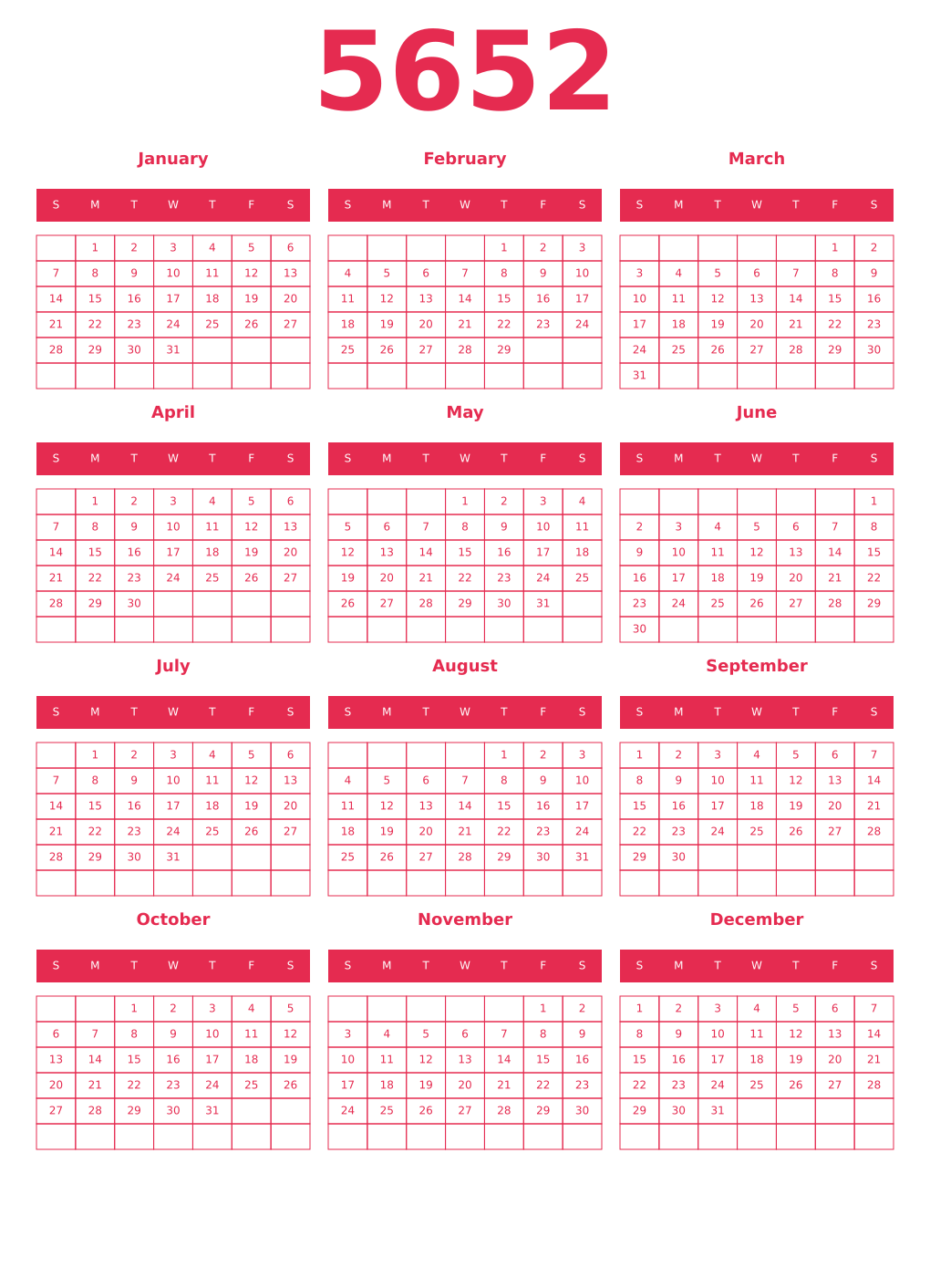 Printable 5652 Year Calendars amaranth