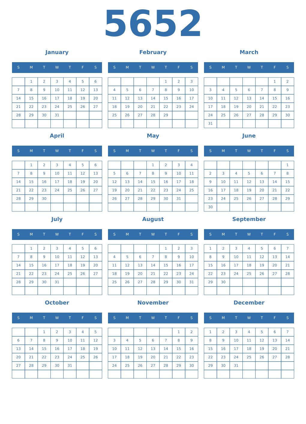 Printable 5652 Year Calendars blue