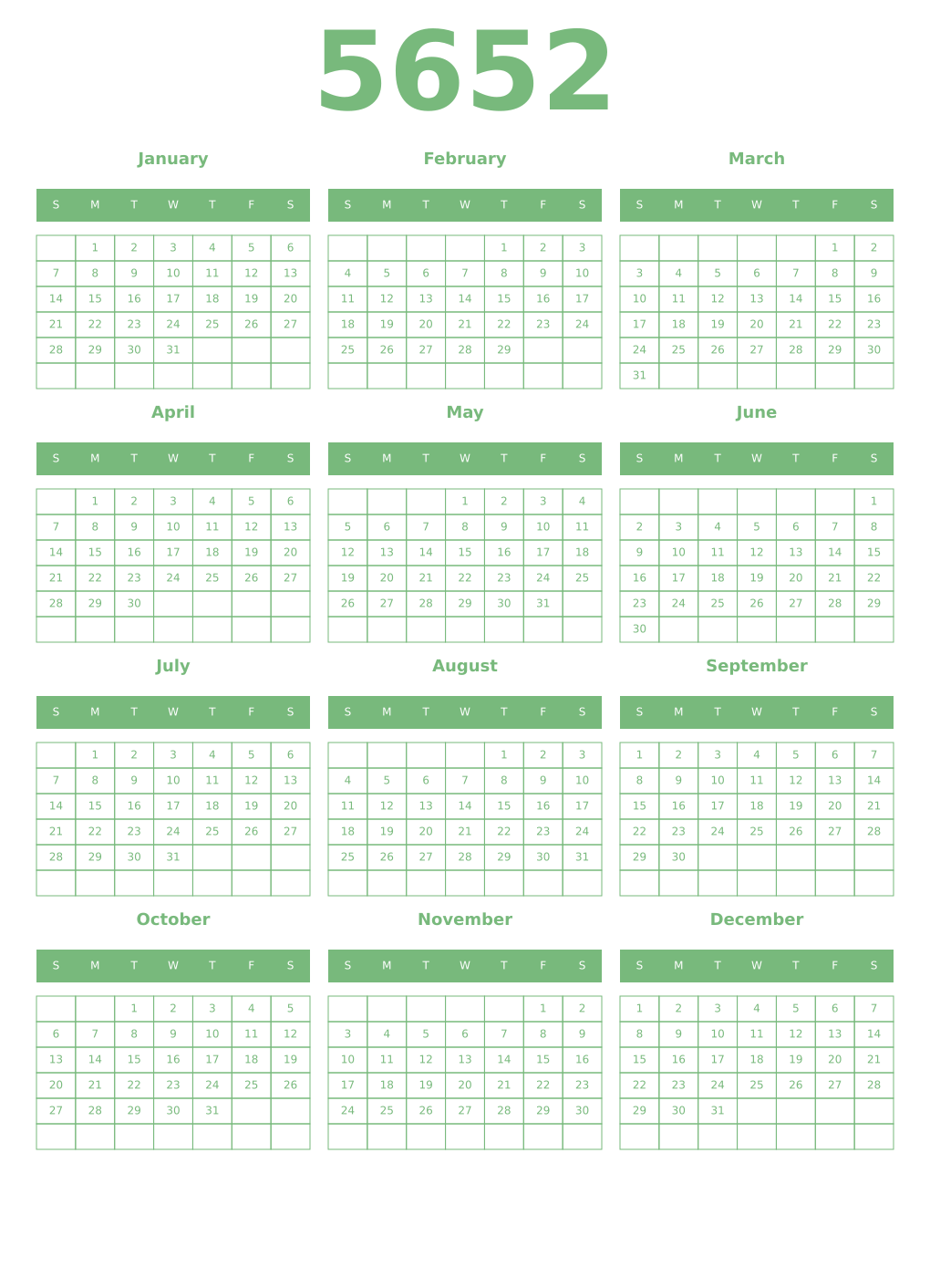 Printable 5652 Year Calendars celadon
