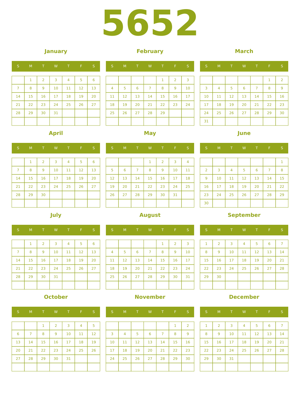 Printable 5652 Year Calendars chartreuse