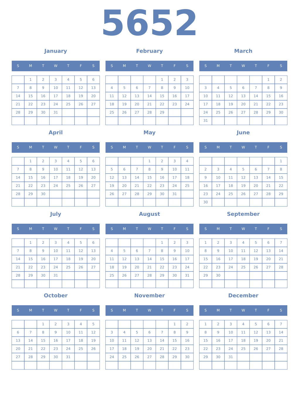 Printable 5652 Year Calendars glaucous