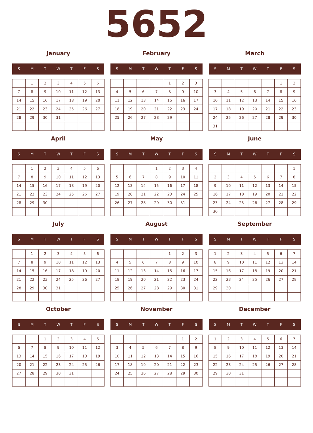Printable 5652 Year Calendars mortuum