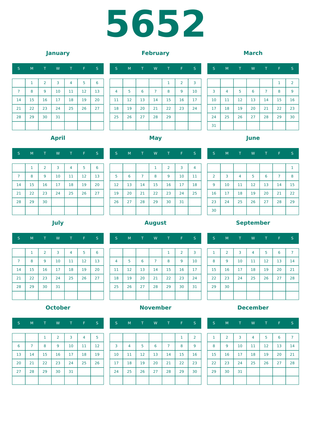 Printable 5652 Year Calendars pastel