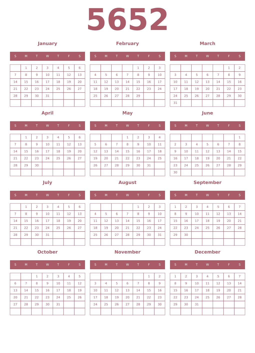 Printable 5652 Year Calendars puce