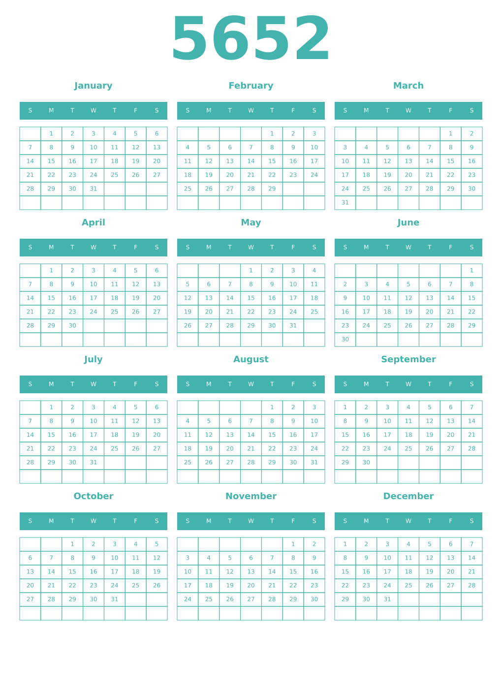Printable 5652 Year Calendars verdigris