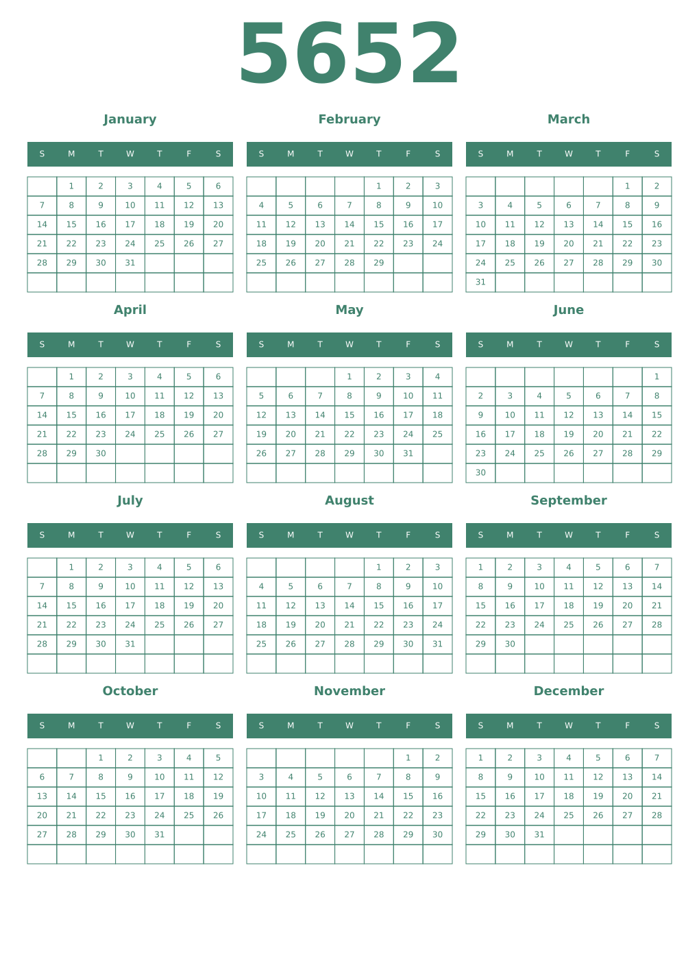 Printable 5652 Year Calendars viridian