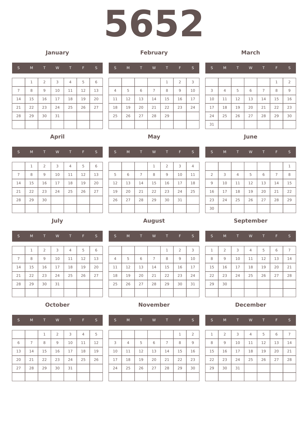 Printable 5652 Year Calendars wenge