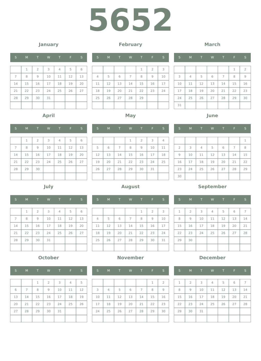 Printable 5652 Year Calendars xanadu