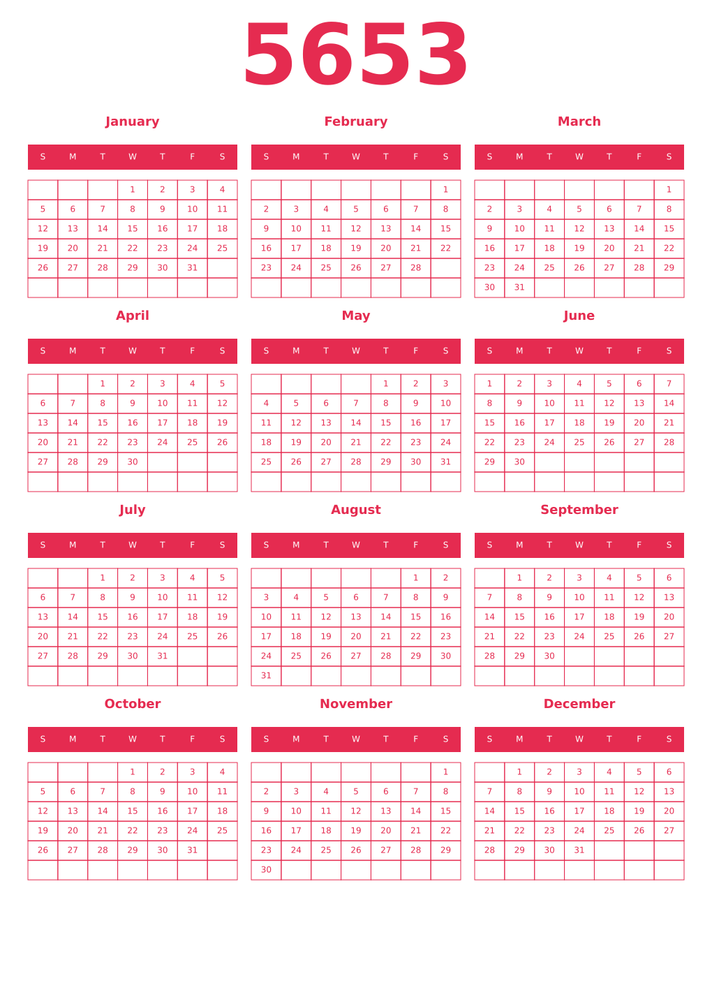 Printable 5653 Year Calendars amaranth