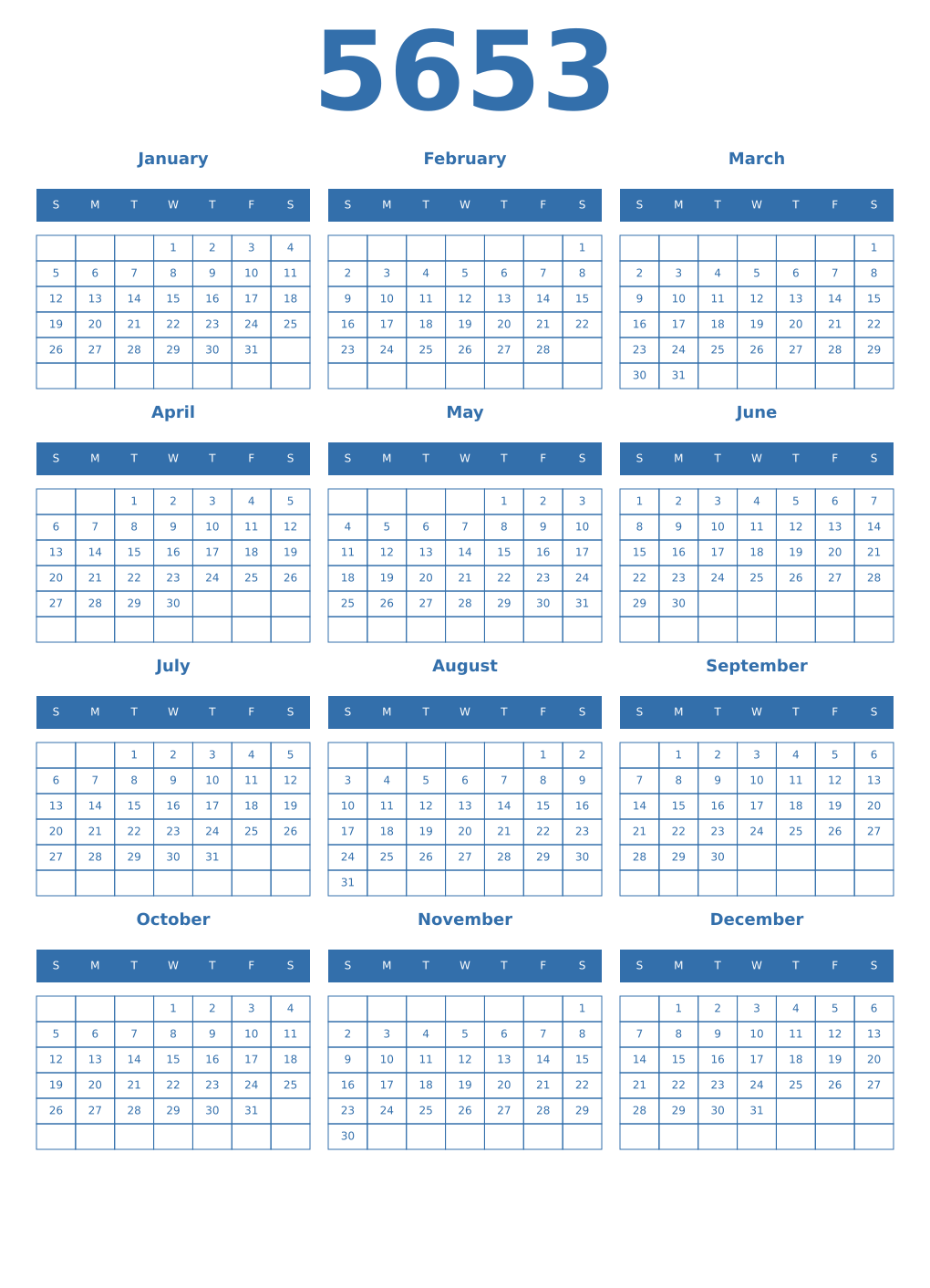 Printable 5653 Year Calendars blue