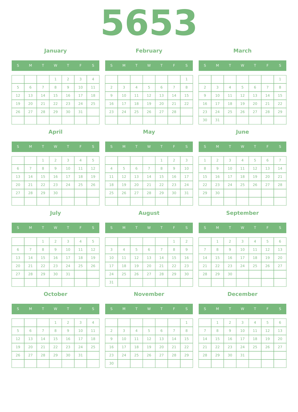 Printable 5653 Year Calendars celadon