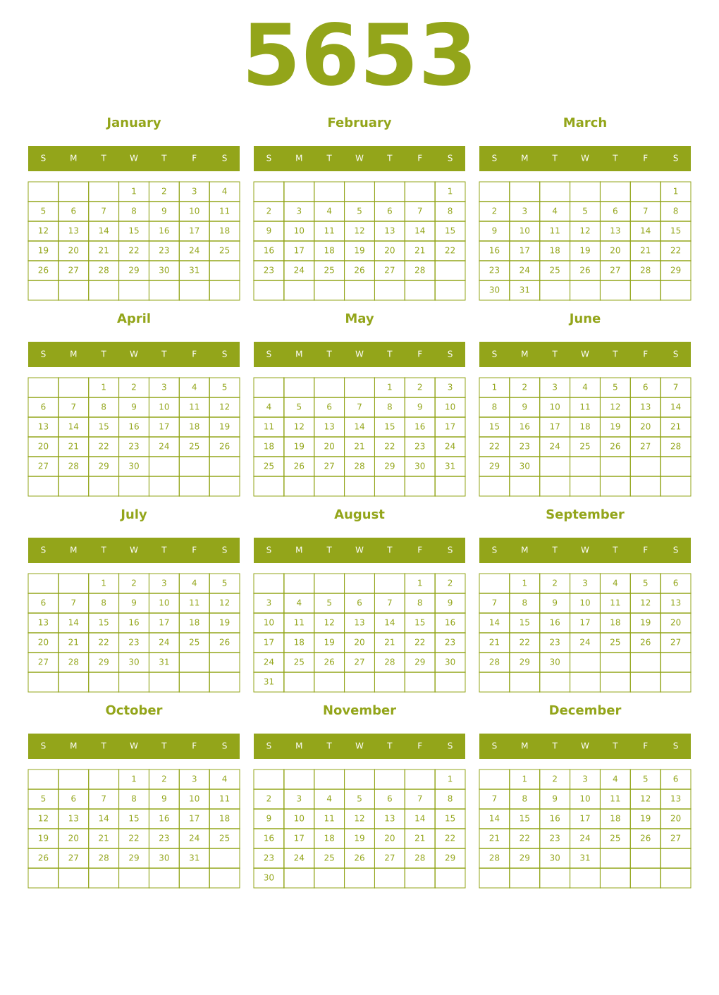 Printable 5653 Year Calendars chartreuse