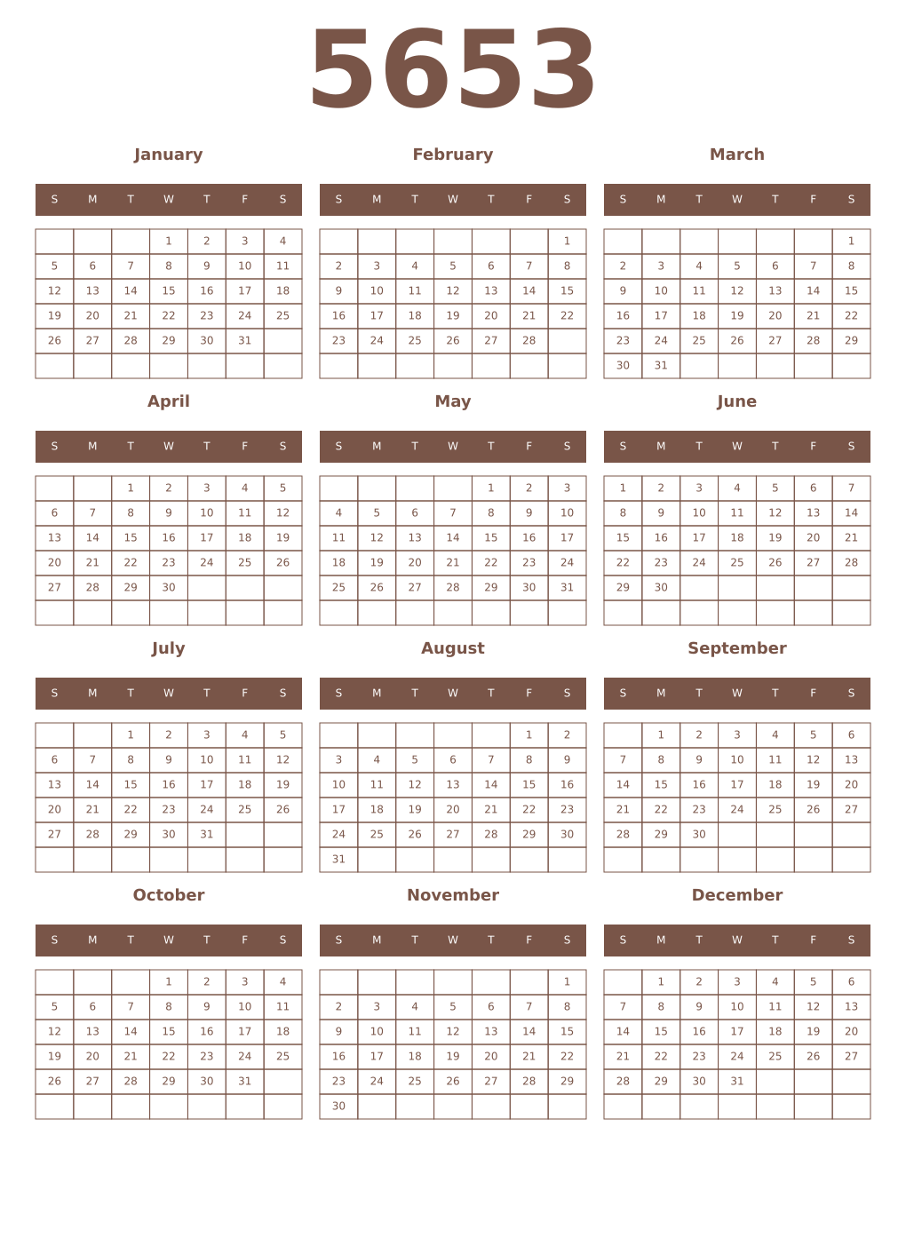 Printable 5653 Year Calendars coffe