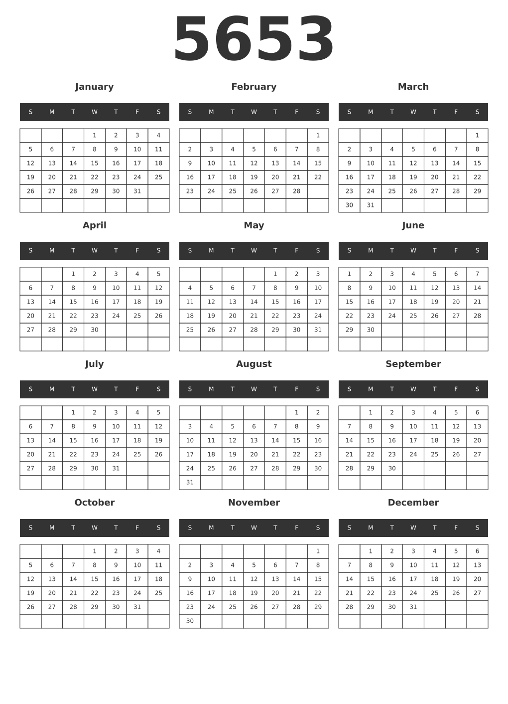 Printable 5653 Year Calendars dark
