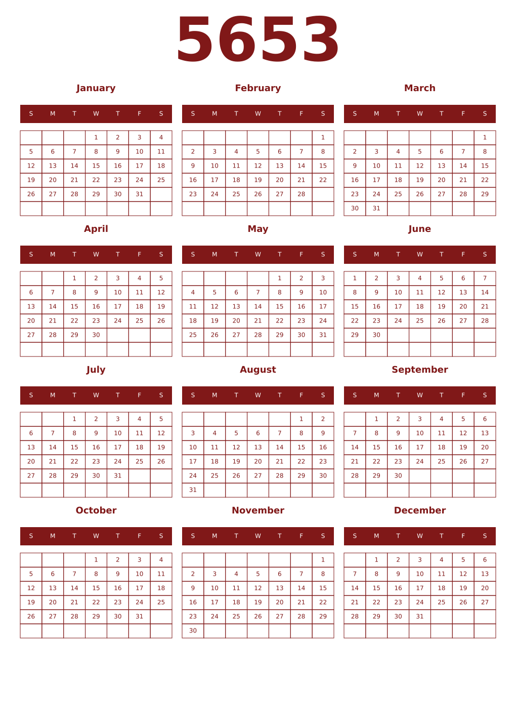 Printable 5653 Year Calendars falu
