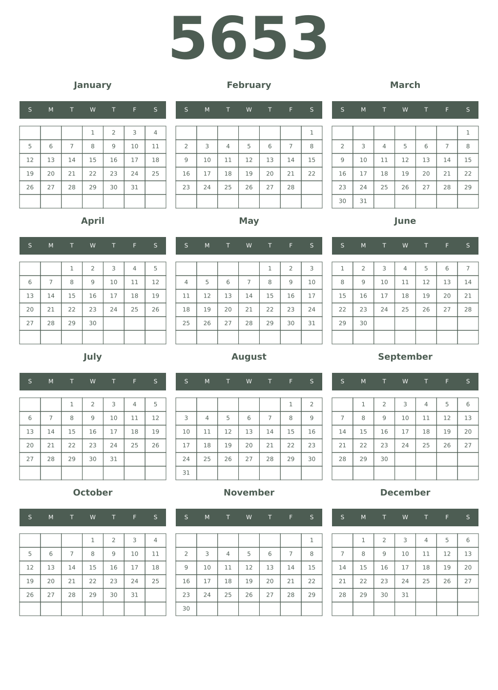 Printable 5653 Year Calendars feldgrau