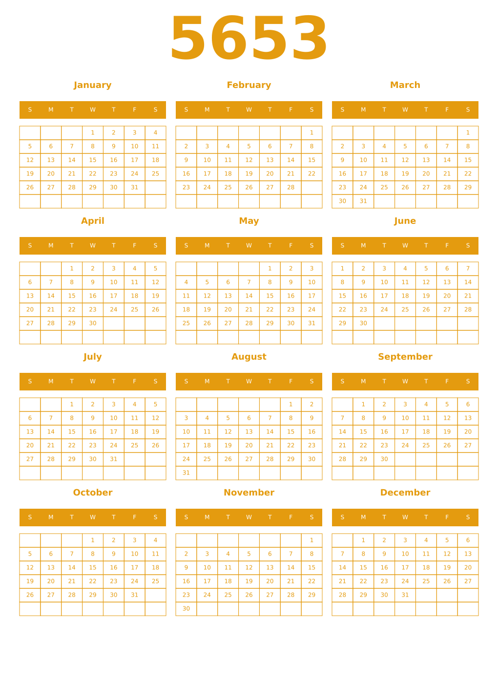 Printable 5653 Year Calendars gamboge