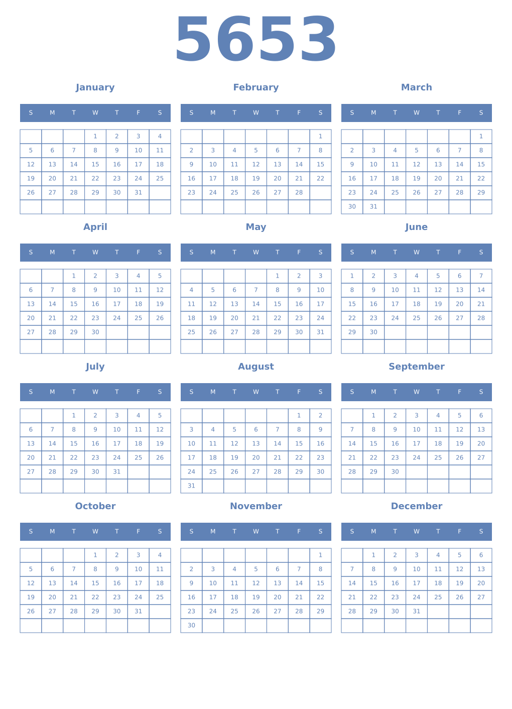 Printable 5653 Year Calendars glaucous