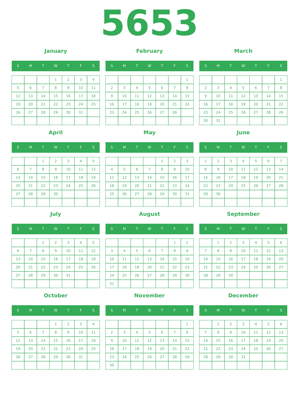Printable 5653 Year Calendars green