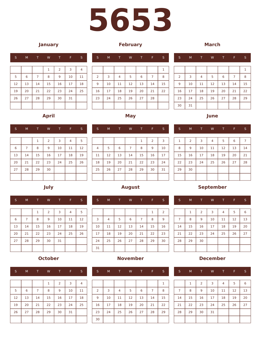 Printable 5653 Year Calendars mortuum