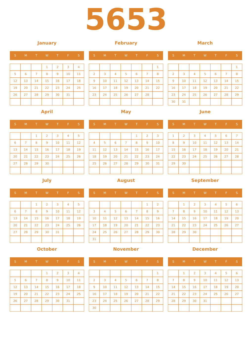 Printable 5653 Year Calendars orange