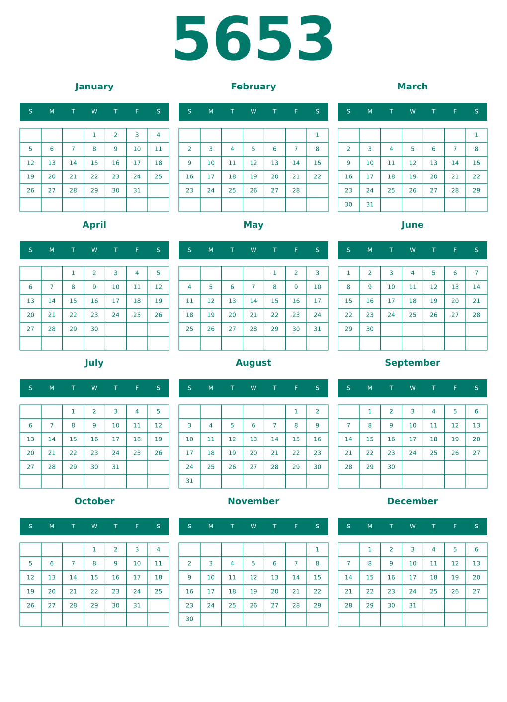 Printable 5653 Year Calendars pastel