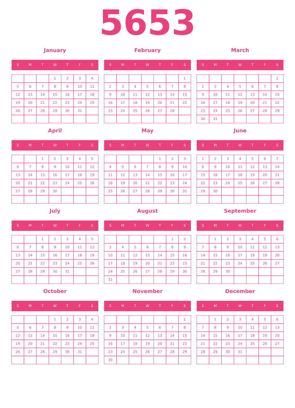 Printable 5653 Year Calendars pink