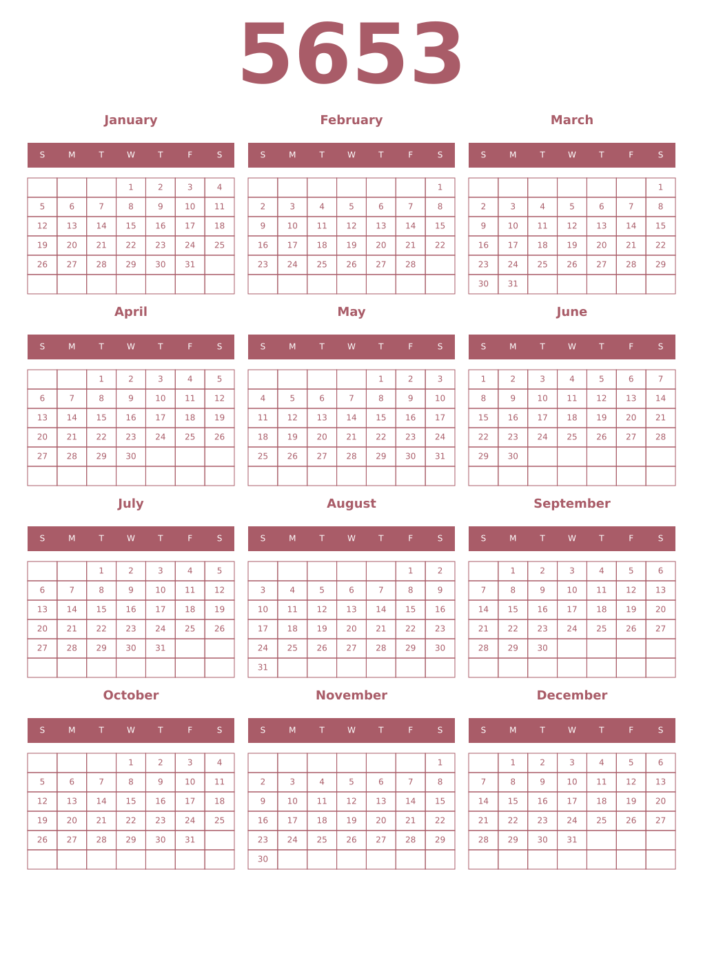 Printable 5653 Year Calendars puce