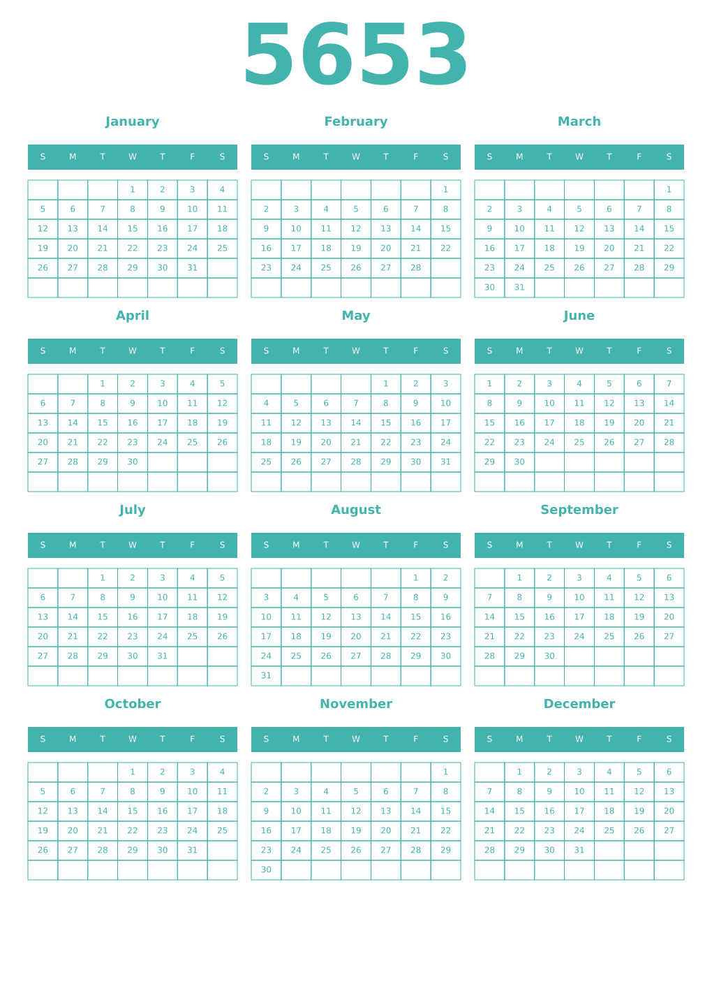 Printable 5653 Year Calendars verdigris