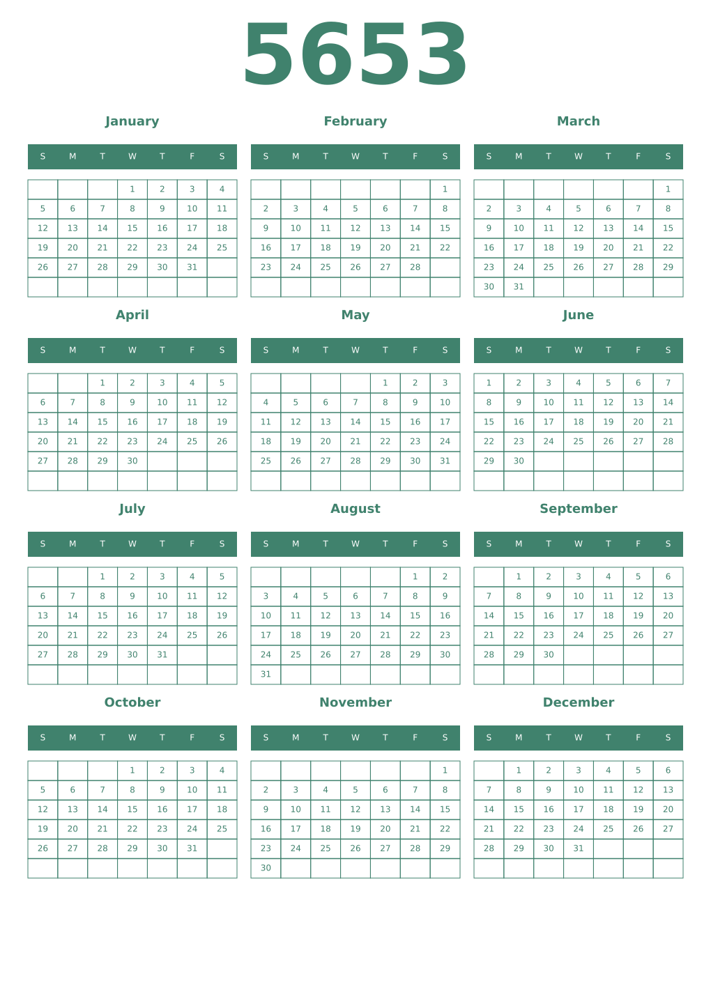 Printable 5653 Year Calendars viridian