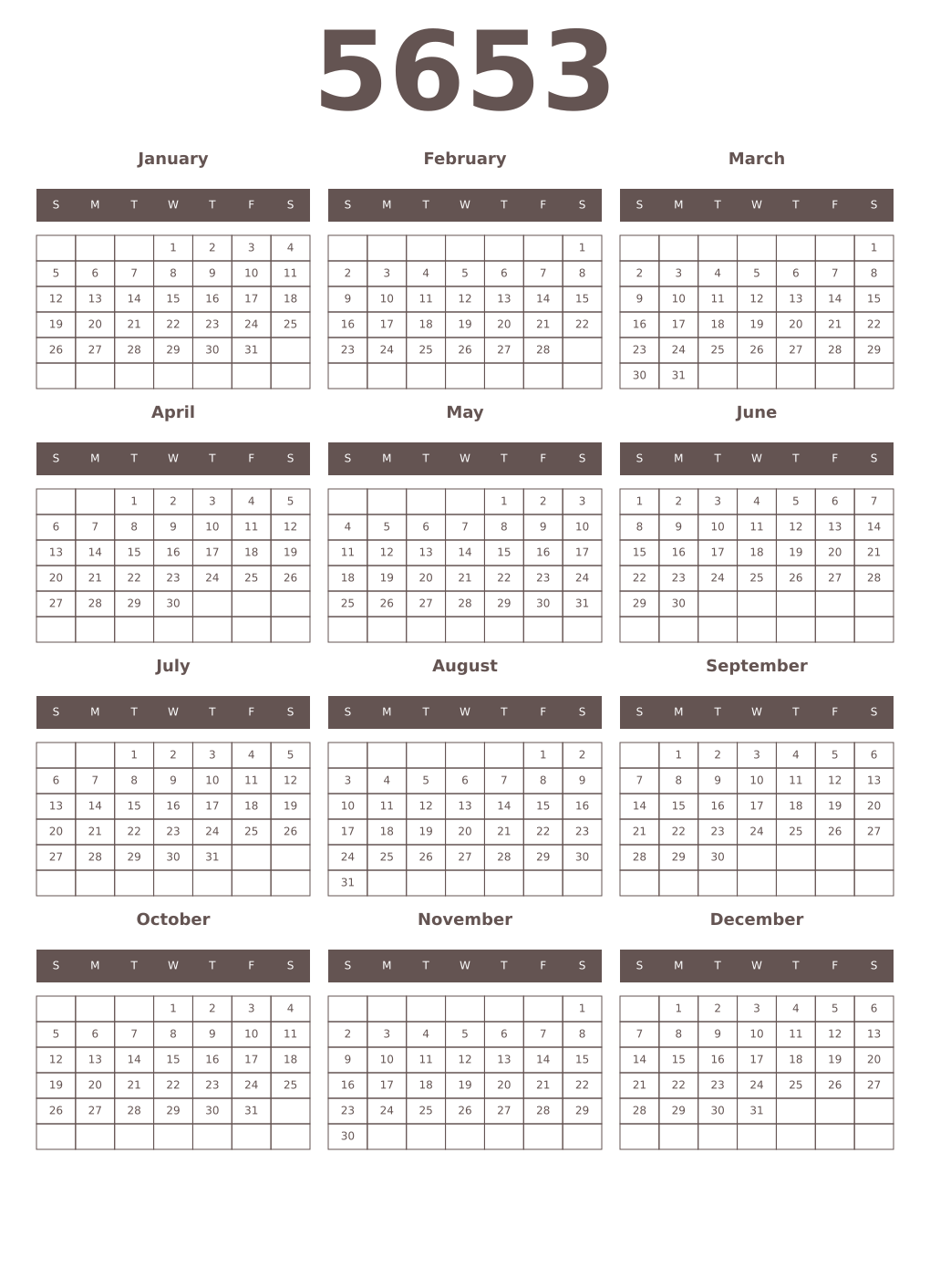 Printable 5653 Year Calendars wenge