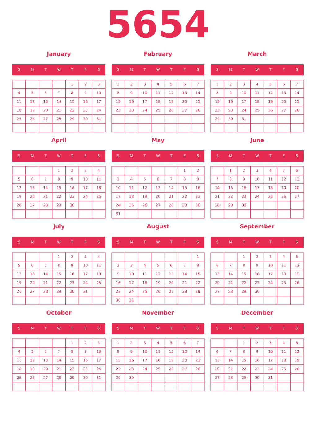 Printable 5654 Year Calendars amaranth
