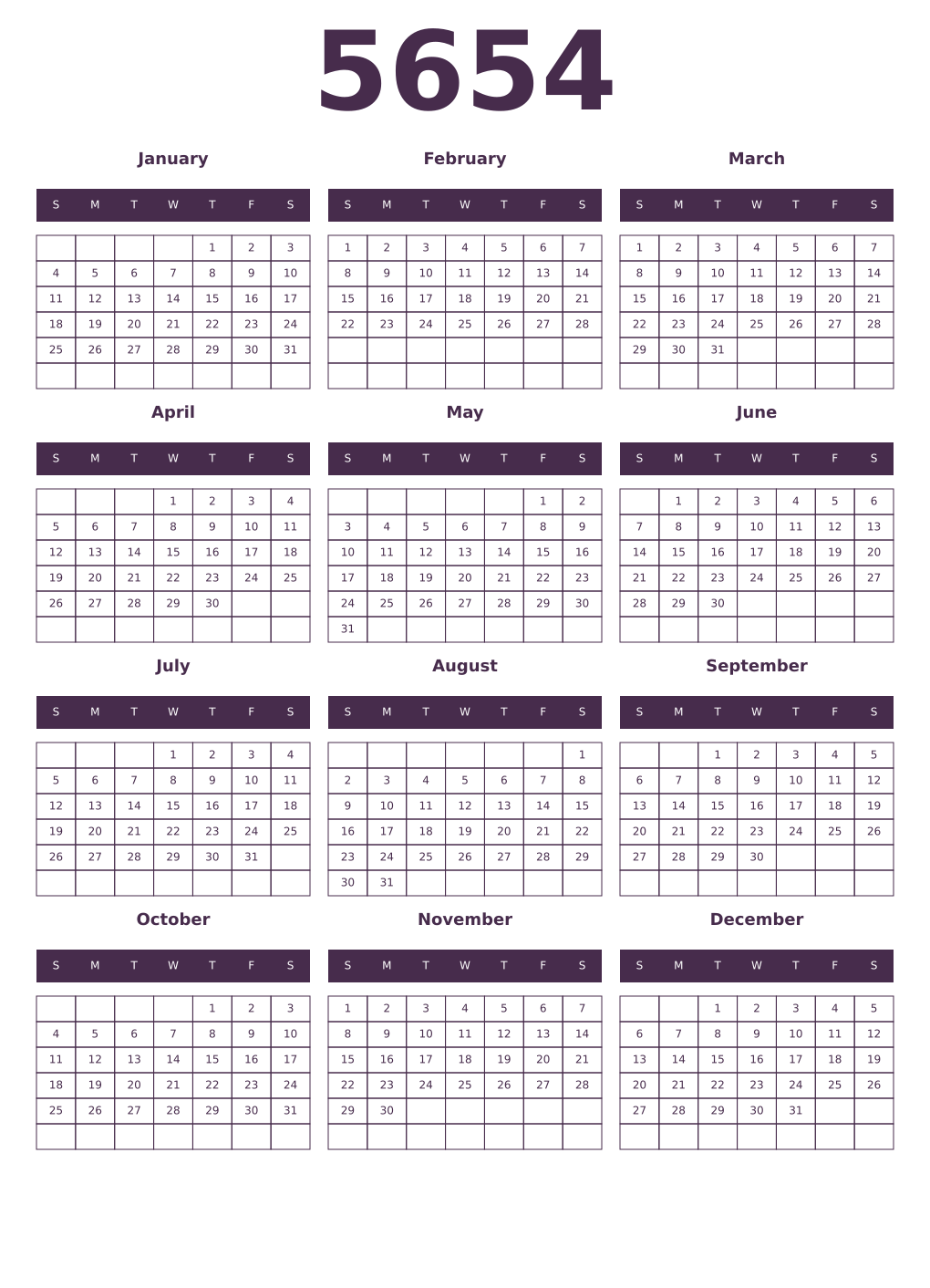 Printable 5654 Year Calendars aubergine