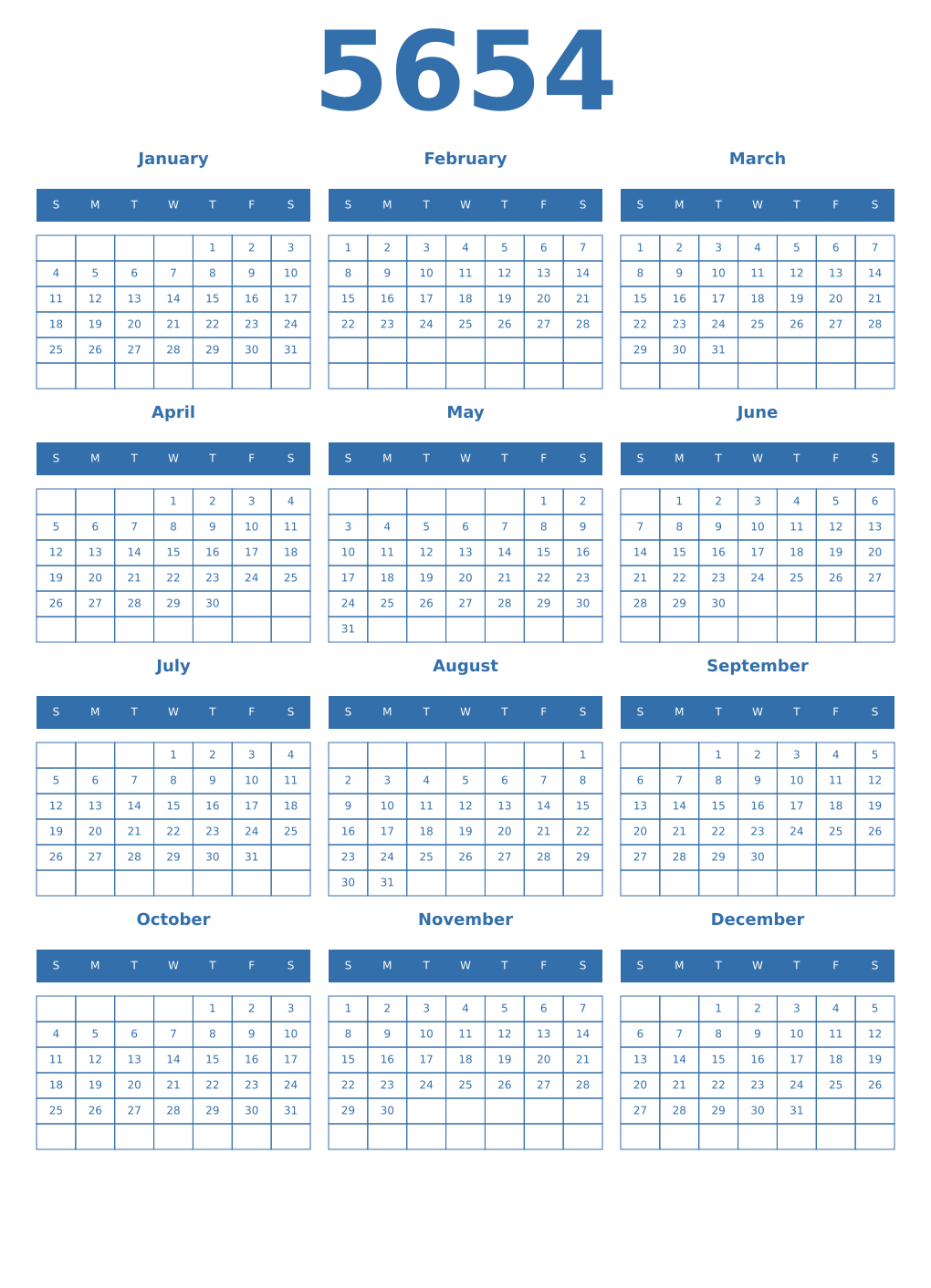 Printable 5654 Year Calendars blue