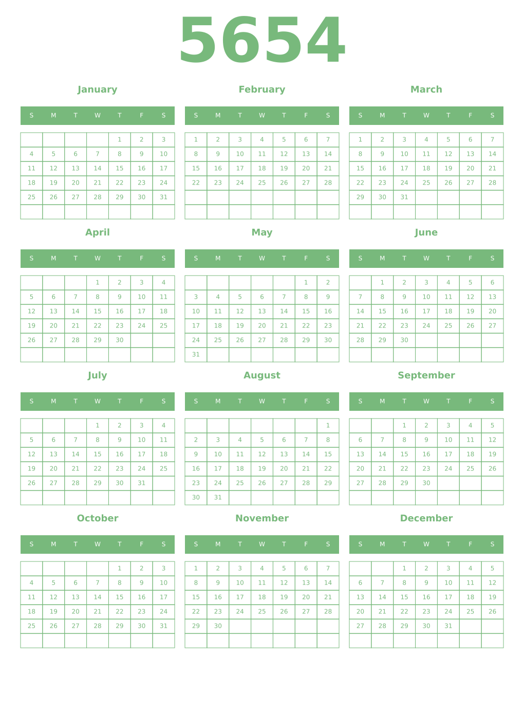 Printable 5654 Year Calendars celadon
