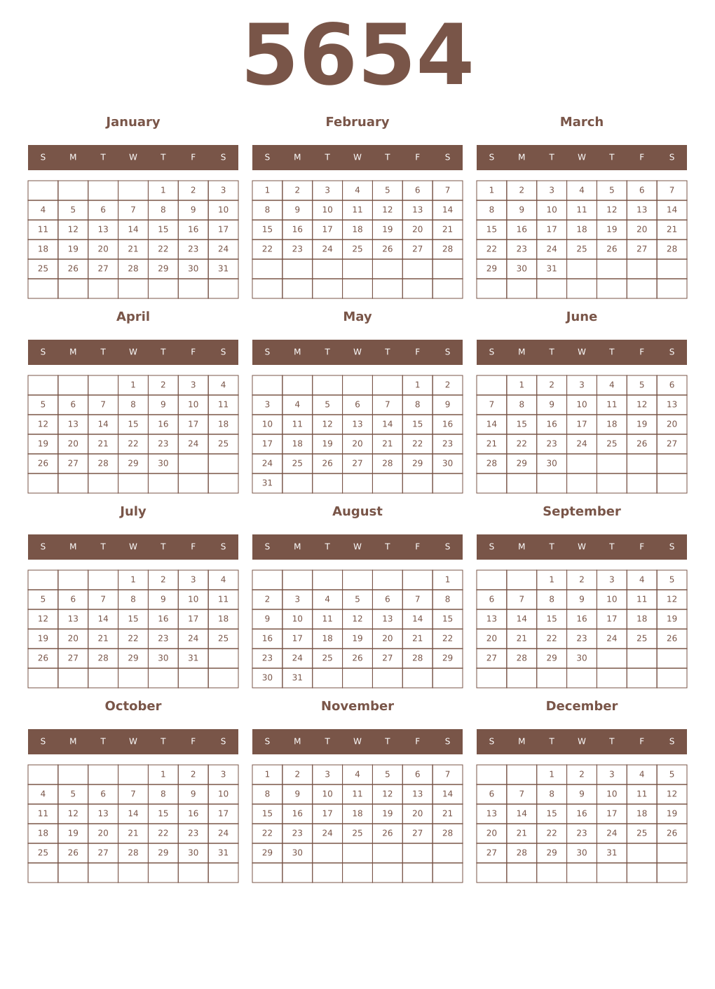 Printable 5654 Year Calendars coffe