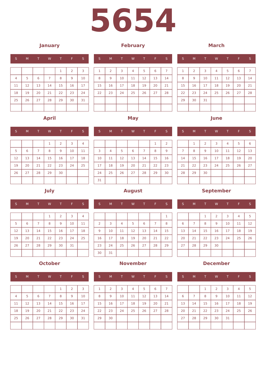 Printable 5654 Year Calendars cordovan
