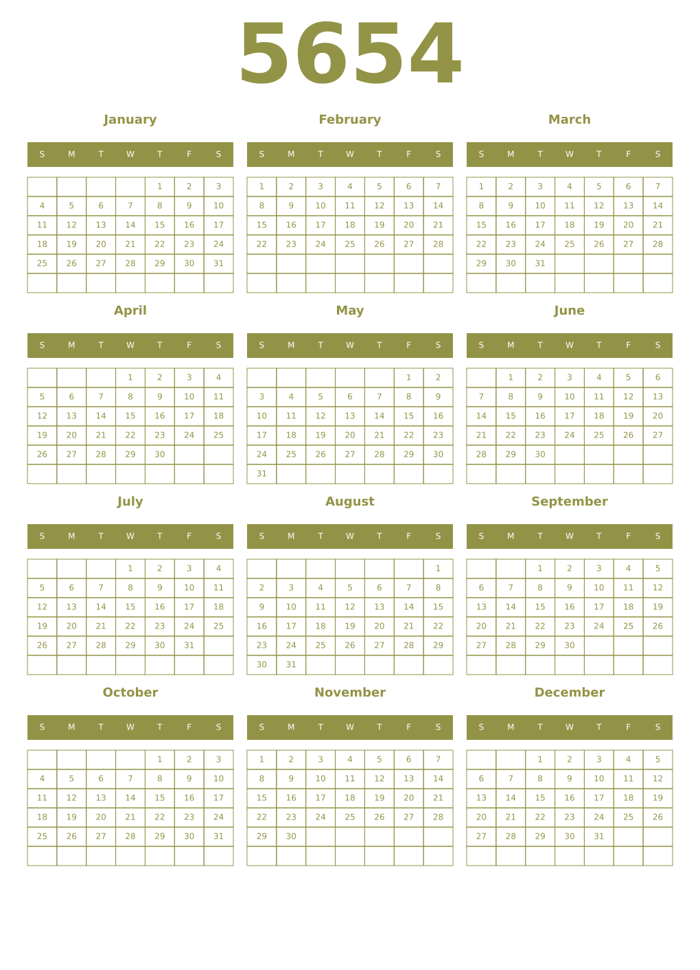 Printable 5654 Year Calendars eburnean