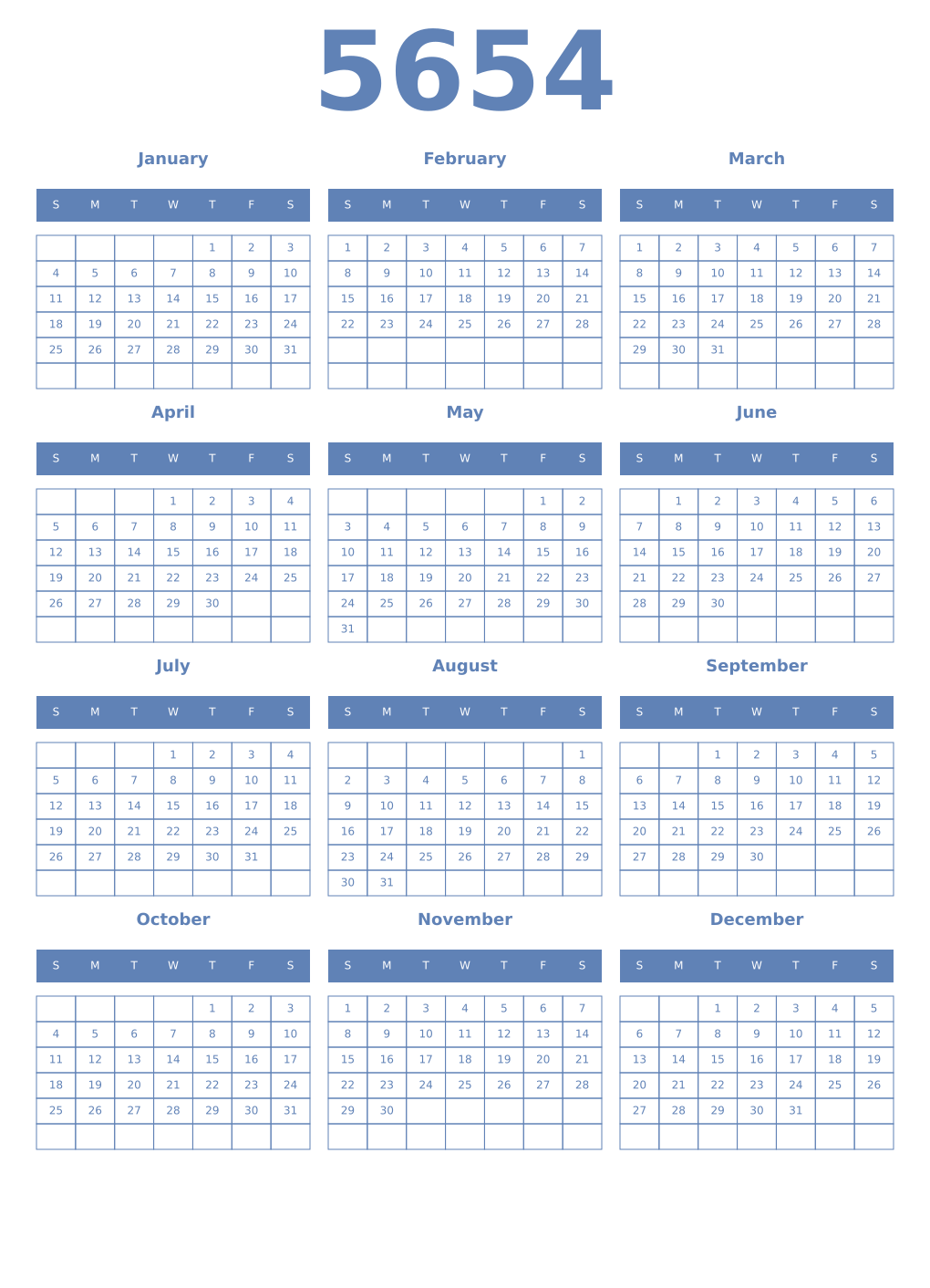 Printable 5654 Year Calendars glaucous