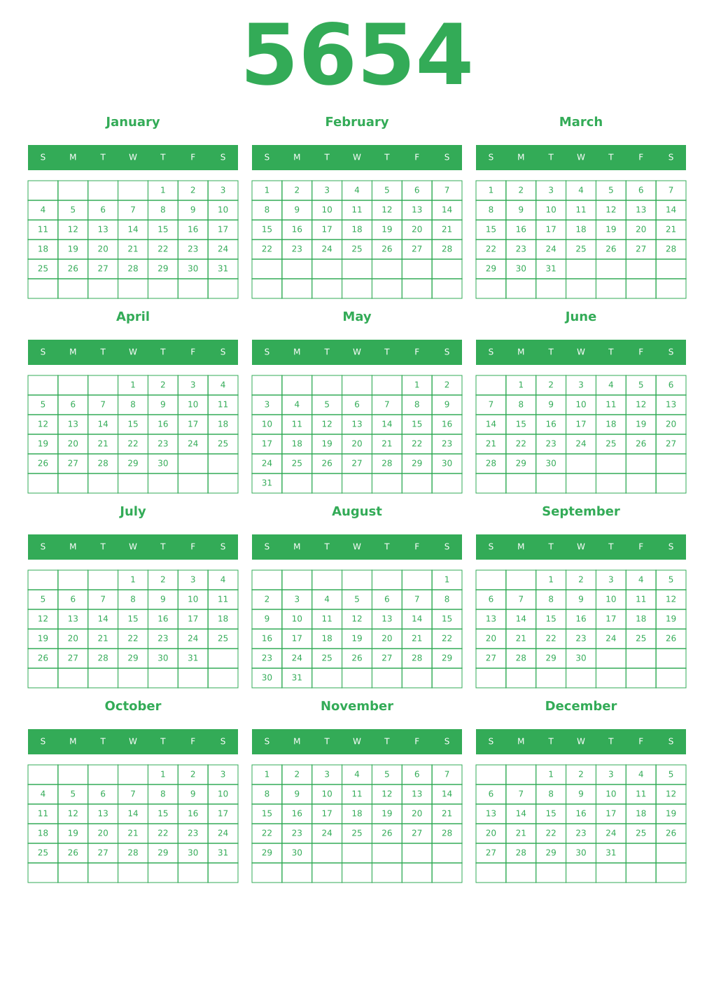 Printable 5654 Year Calendars green