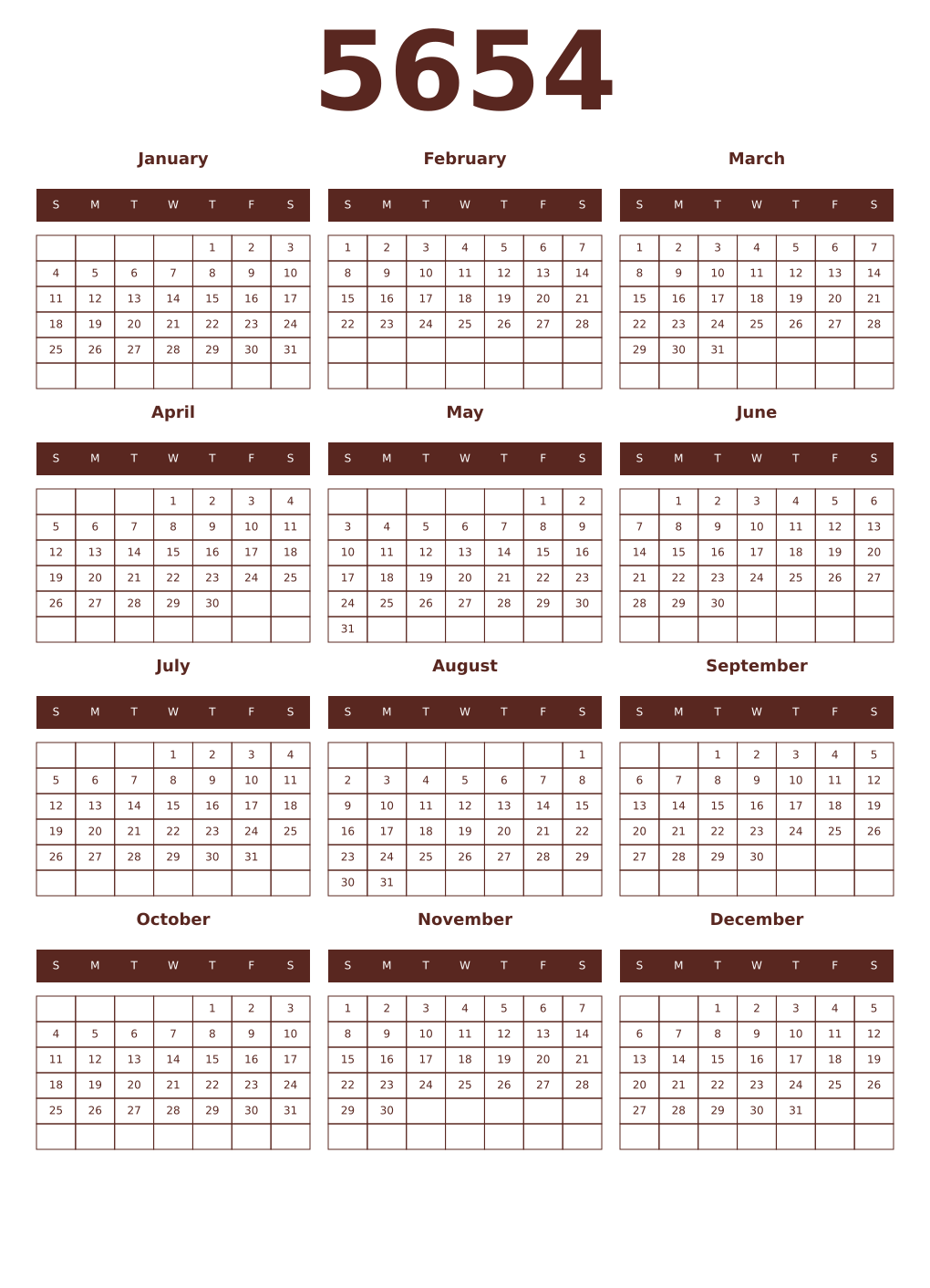 Printable 5654 Year Calendars mortuum