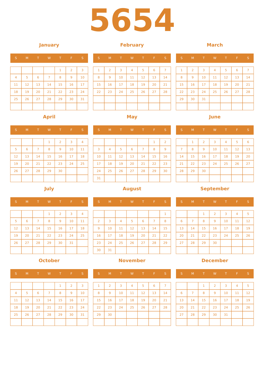 Printable 5654 Year Calendars orange