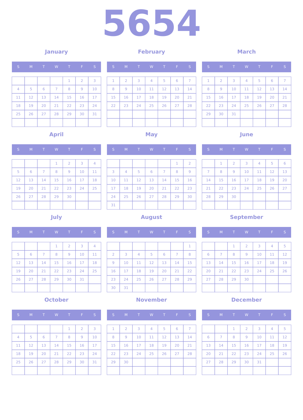 Printable 5654 Year Calendars periwinkle