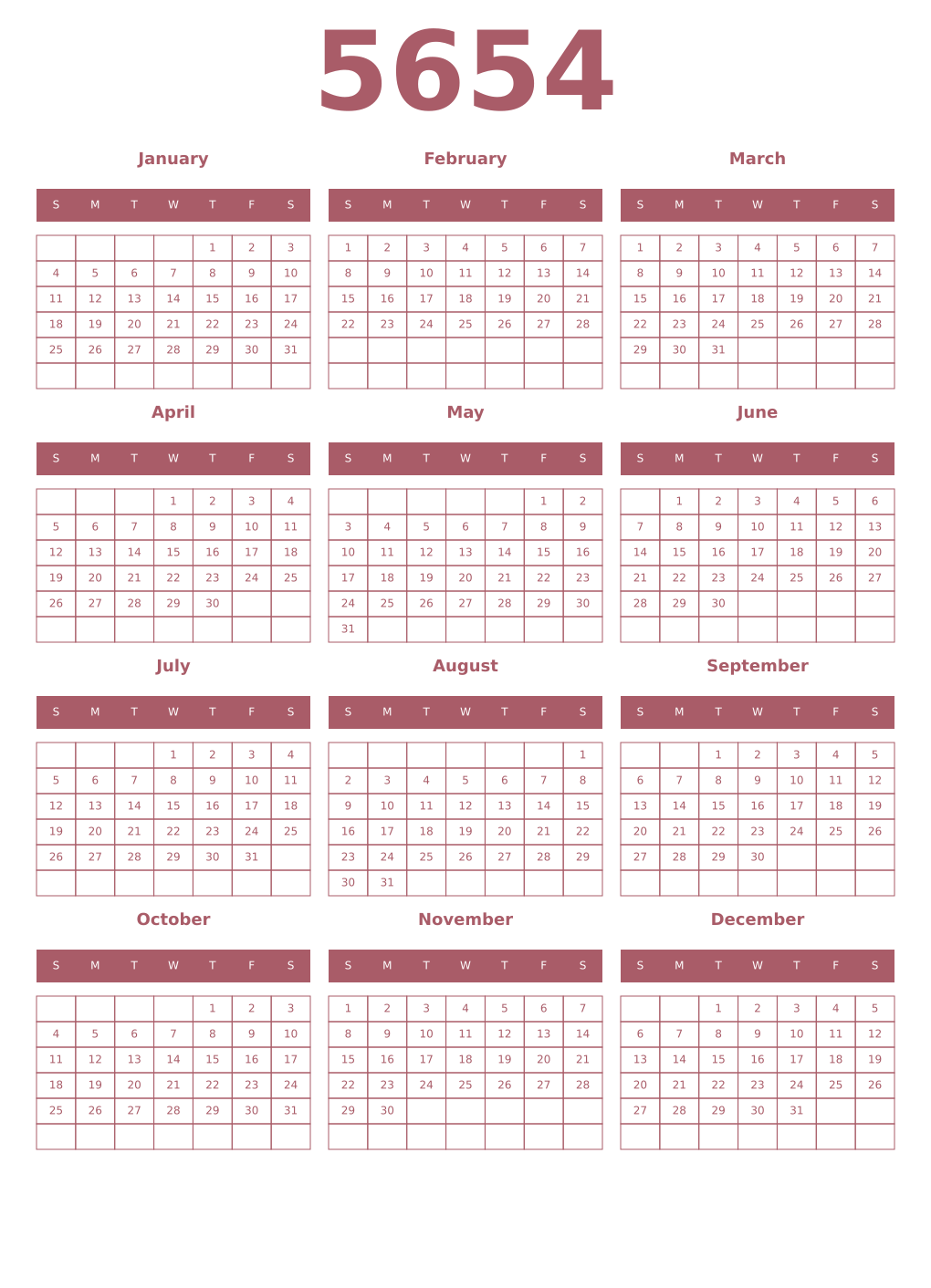 Printable 5654 Year Calendars puce