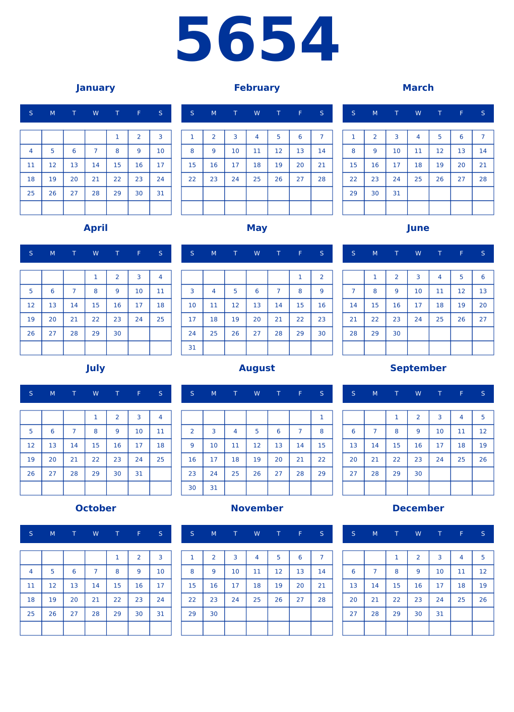 Printable 5654 Year Calendars smalt