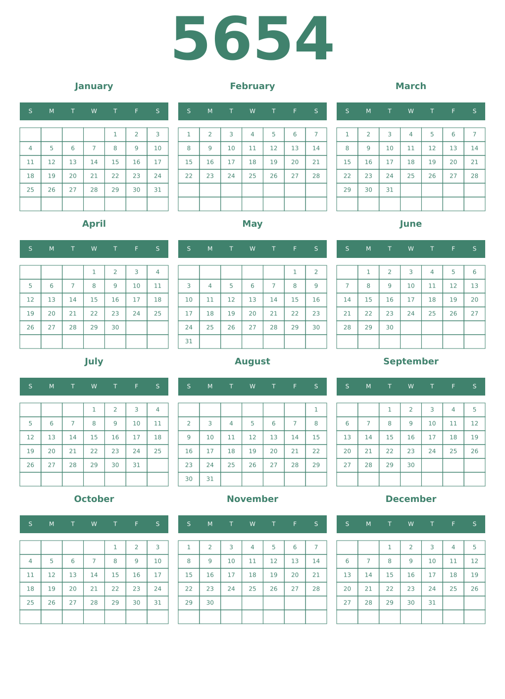 Printable 5654 Year Calendars viridian