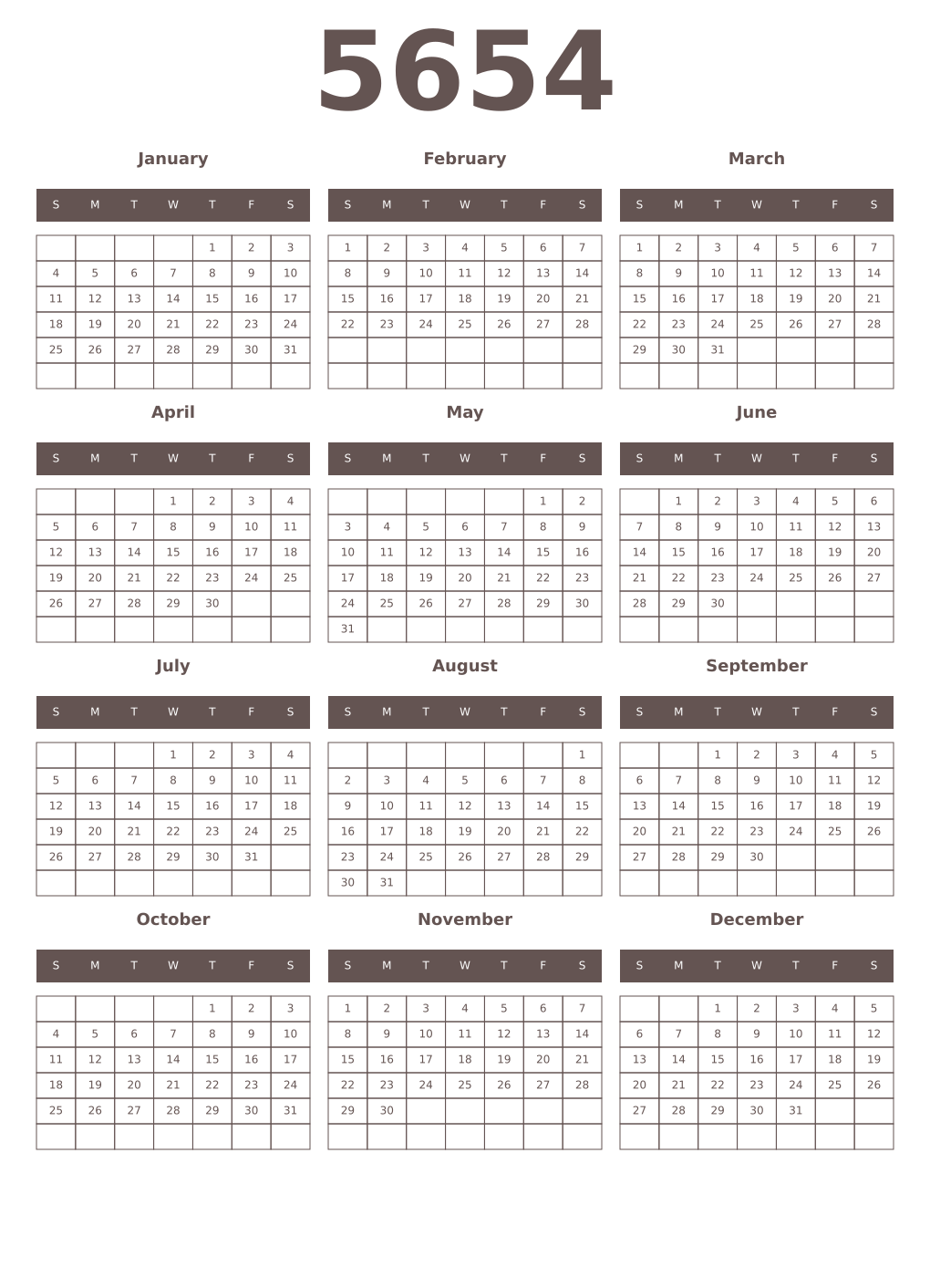 Printable 5654 Year Calendars wenge