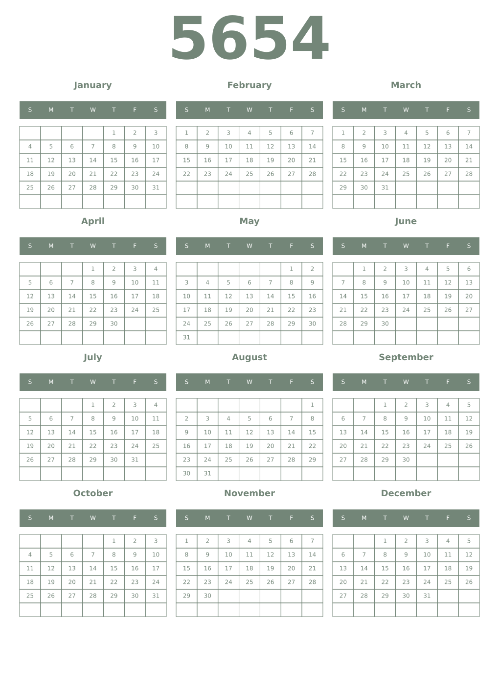 Printable 5654 Year Calendars xanadu