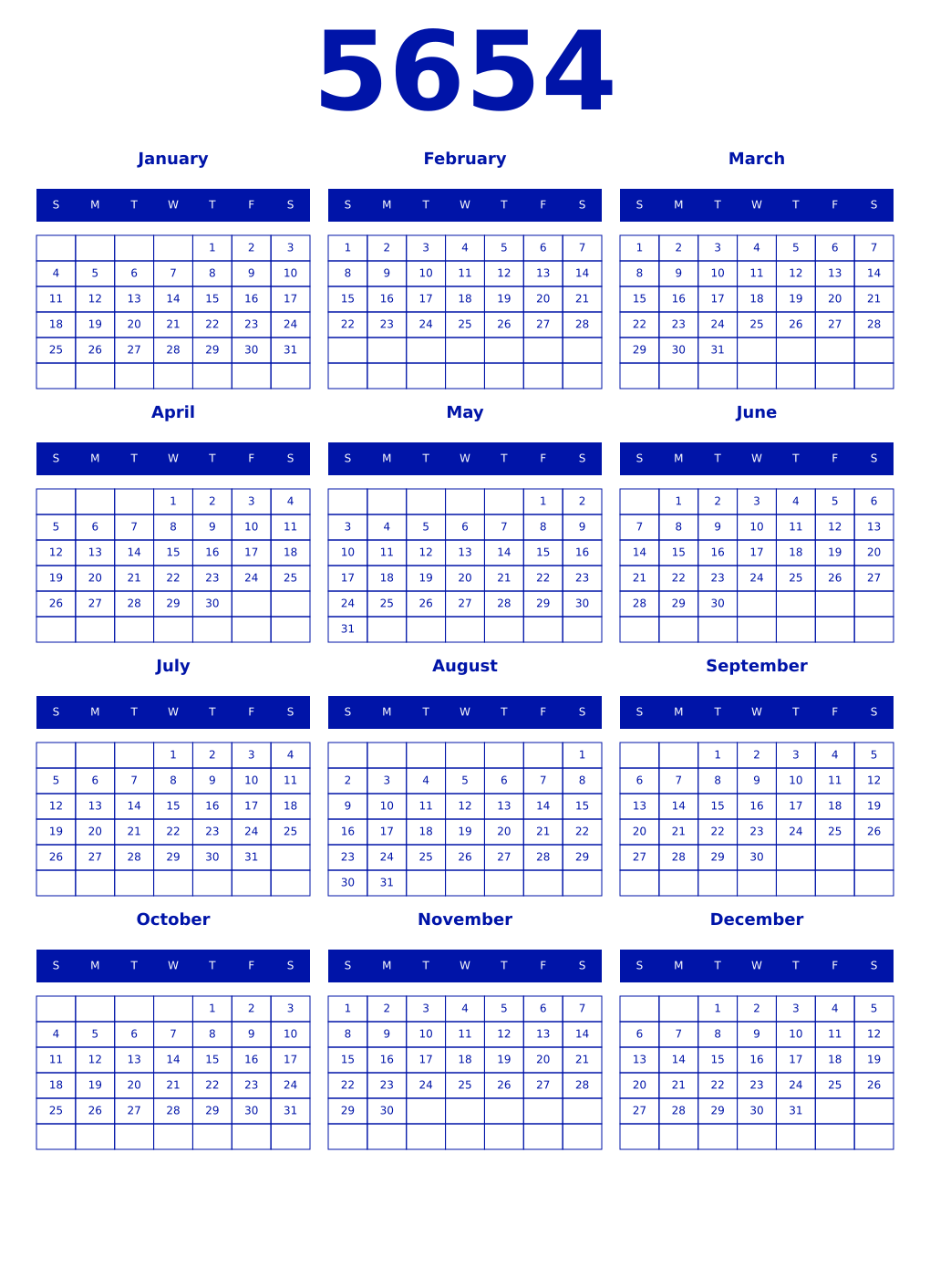 Printable 5654 Year Calendars zaffre