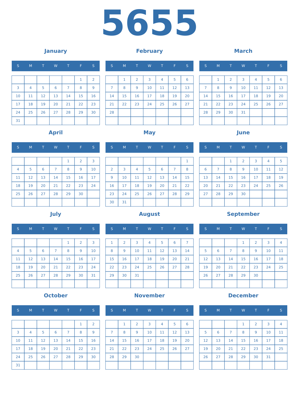 Printable 5655 Year Calendars blue